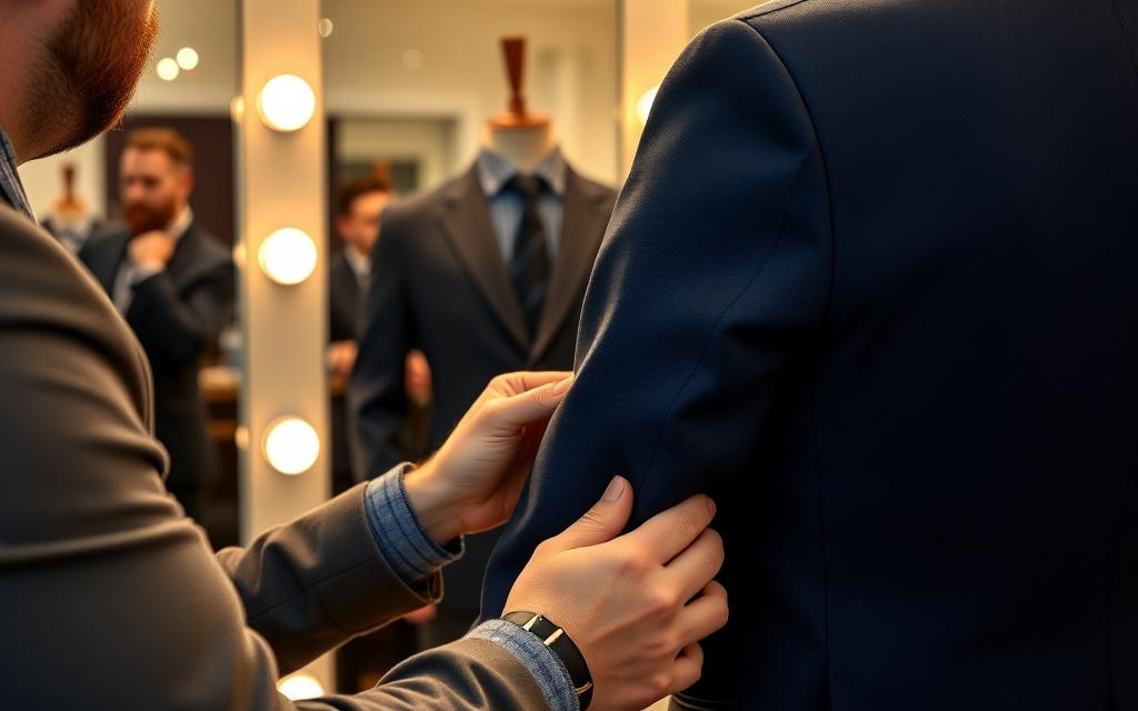 Tailor pinning the sleeve of a navy blazer during an alteration fitting