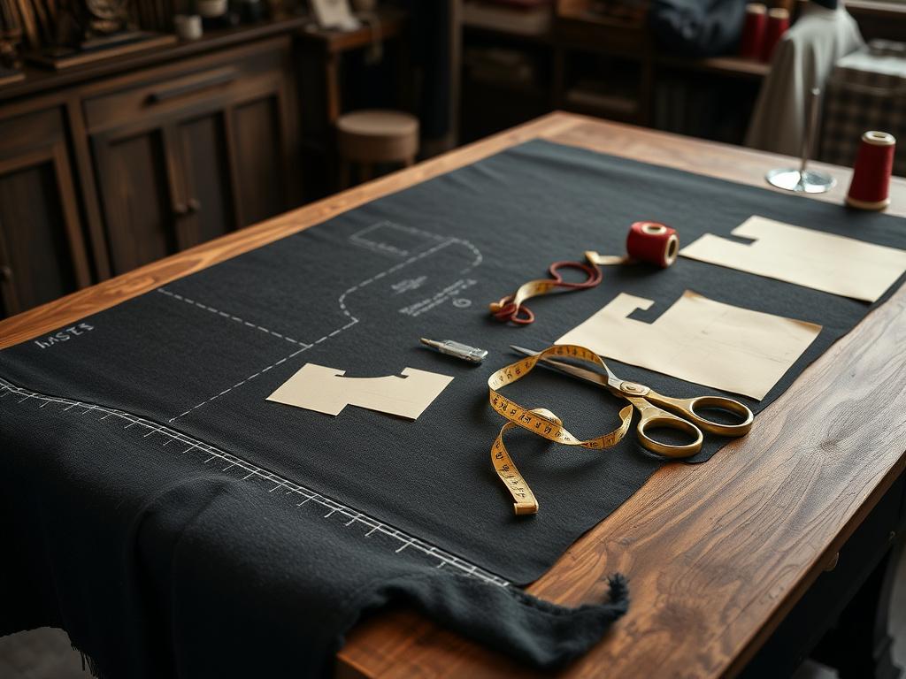 Cutting bench with chalked charcoal cloth, paper patterns and brass shears
