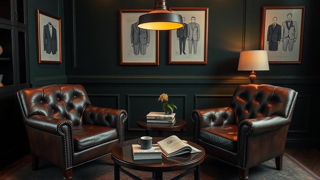 Consultation corner with leather armchairs and fabric swatch books