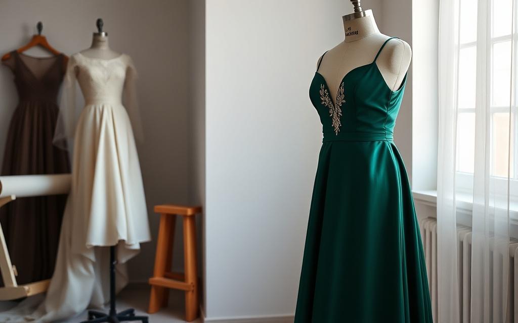 Emerald silk evening gown draped on a dress form in the studio