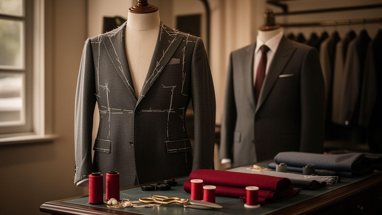 Charcoal suit jacket with basting stitches on a mannequin in the Appgear Atelier fitting room