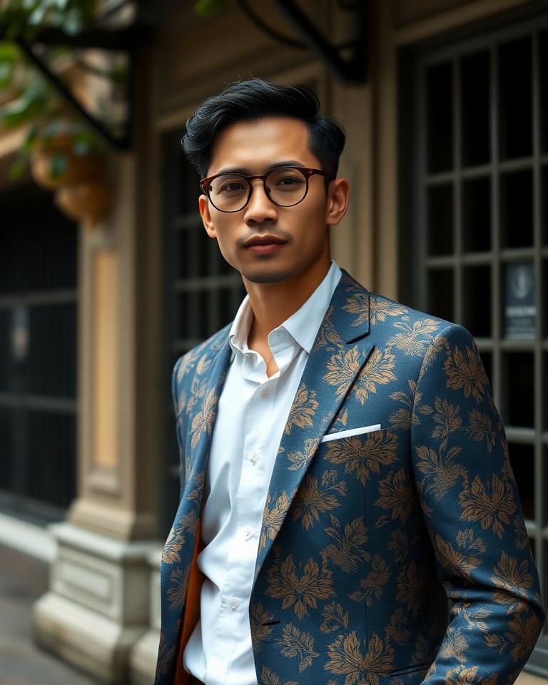 Client in a tailored indigo and amber Malaysian batik blazer near a heritage shophouse
