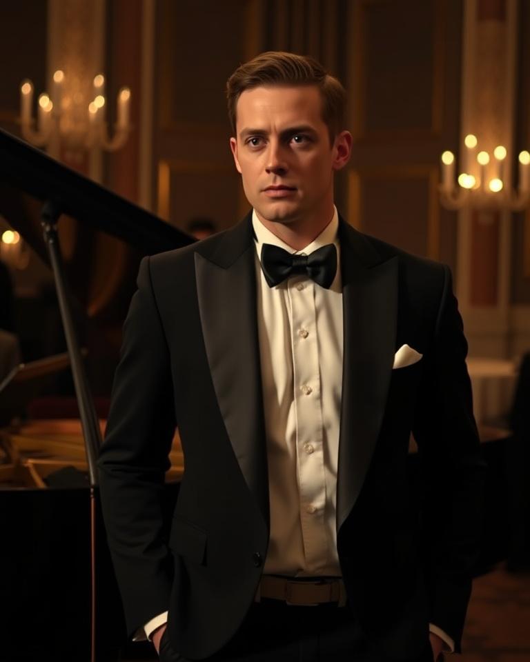 Client in a black shawl-lapel dinner jacket with silk bow tie beside a grand piano