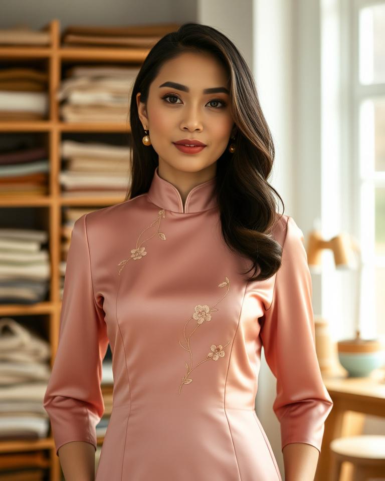 Client in a tailored dusty-rose modern cheongsam dress