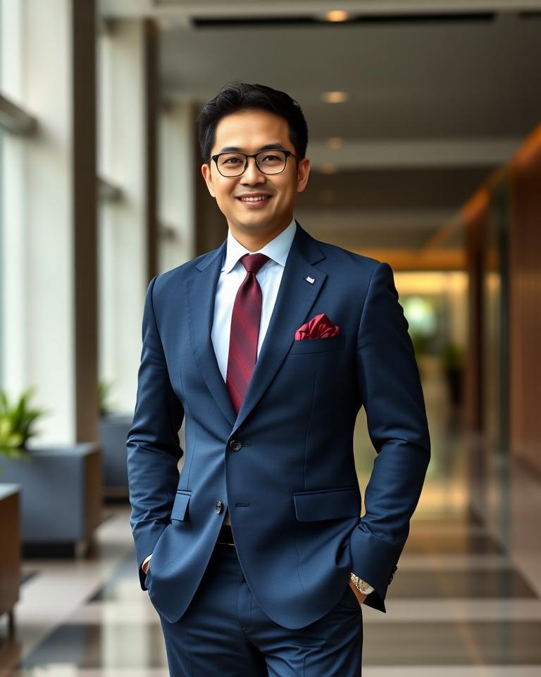 Client wearing a navy two-piece bespoke suit with crimson pocket square