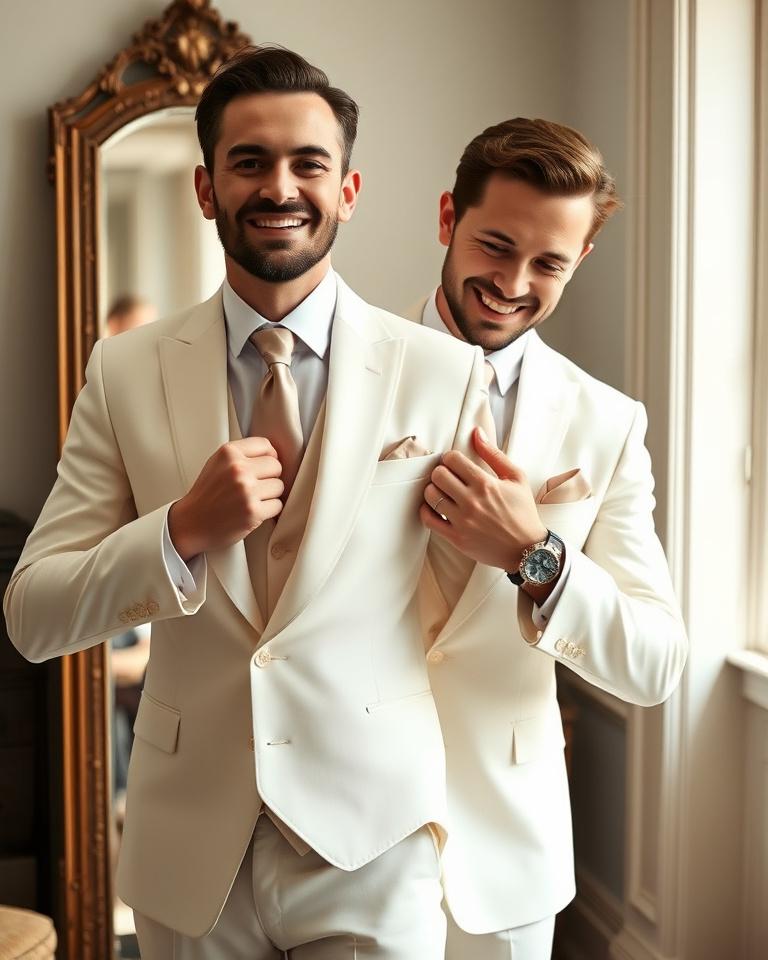 Groom being fitted in an ivory three-piece wedding suit