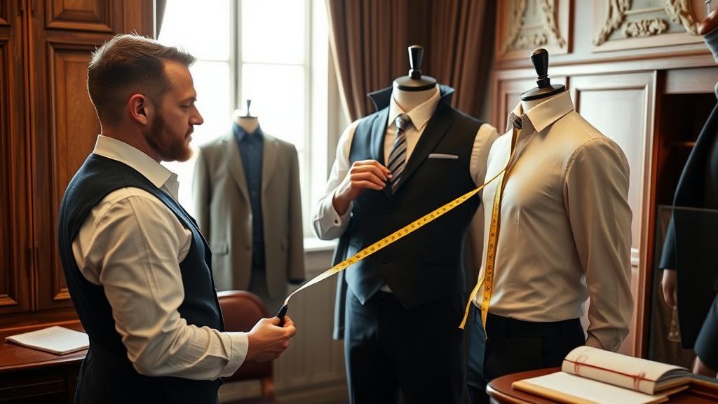 Tailor measuring a client's chest with a measuring tape in a fitting room