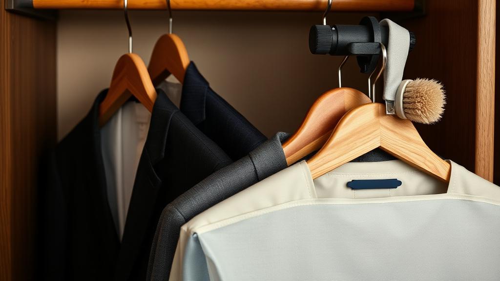 Wooden hangers, cedar blocks, garment brush and breathable suit cover beside a charcoal suit