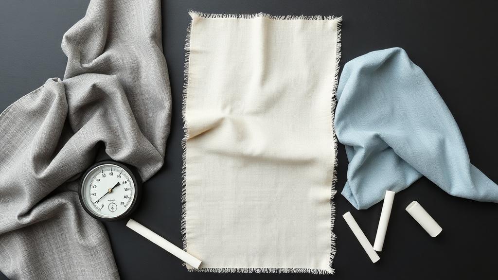 Fabric swatches in greys and creams laid out with a hygrometer and tailor's chalk