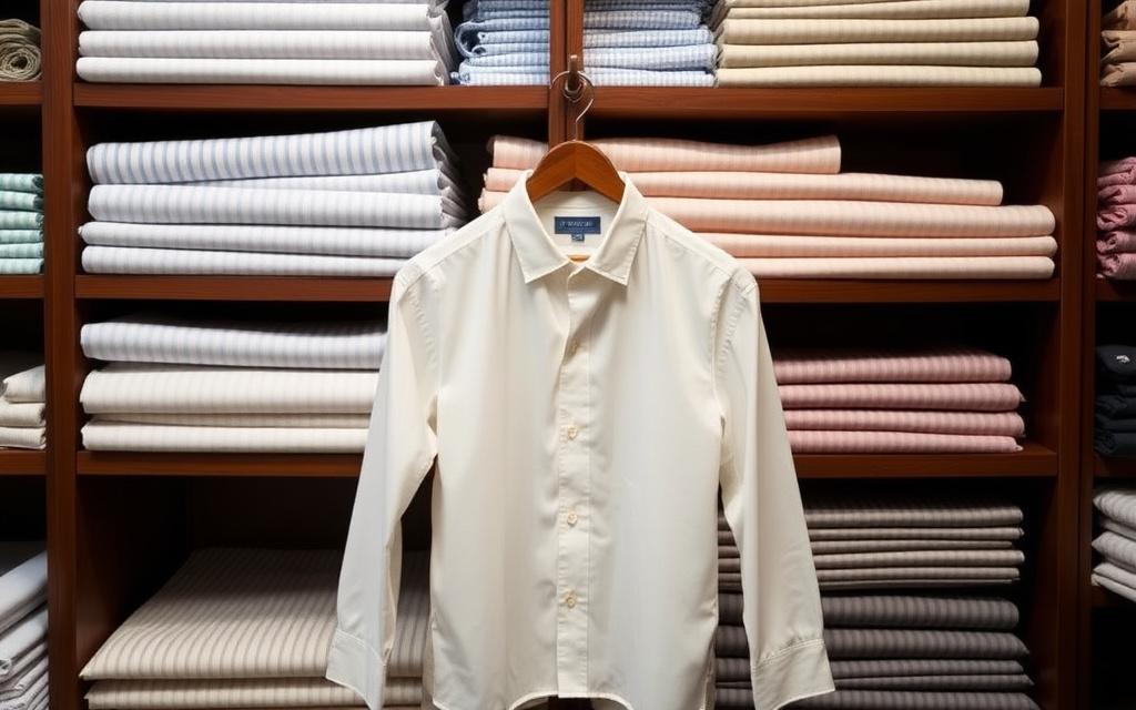 Rolls of striped shirting fabric behind a finished white bespoke shirt