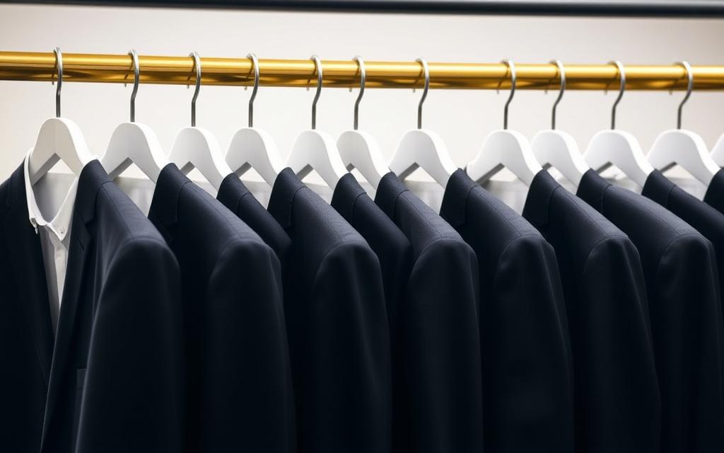 Rack of tailored charcoal corporate suits with embroidered pocket detail